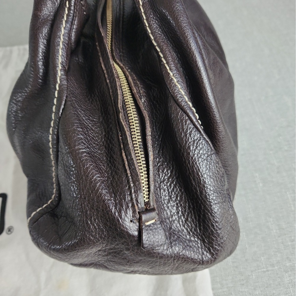 Vintage MOSCHINO Large Brown Pebbled Leather Dual Handle Bag Teal Lining 18" Y2K - Picture 12 of 12